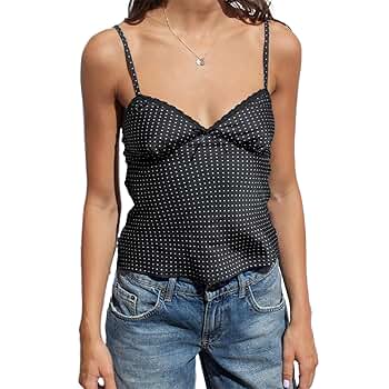 Women Polka Dot Cami Top Y2k Lace Trim Spaghetti Strap Top
